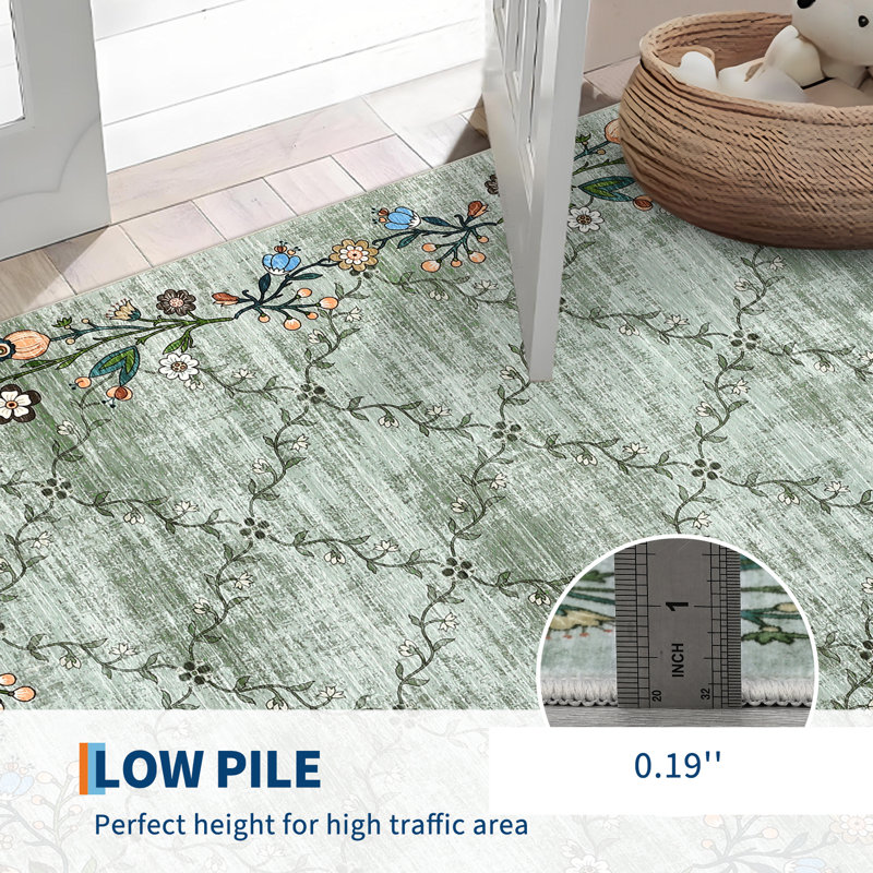 Washable Area Rug Farmhouse Floral Rug Non Slip, Soft Thin Low Pile Floor Carpet, Non Shedding & Stain Resistant, Indoor Foldable Accent Printed Mat for Living Room/Bedroom/Nursery