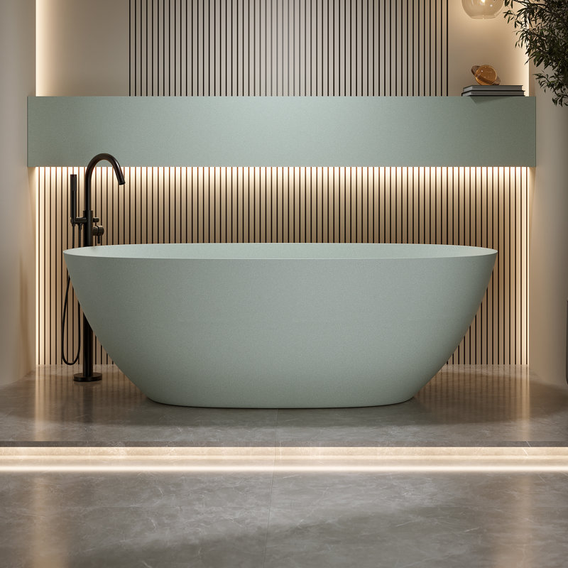 61 in. x 30.7 in. Freestanding Solid Surface Soaking Bathtub with Overflow and Pop-Up Drain, Sage