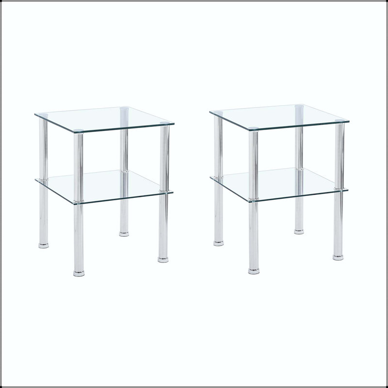 2-Piece Clear Glass Side Table with 2-Tier Storage