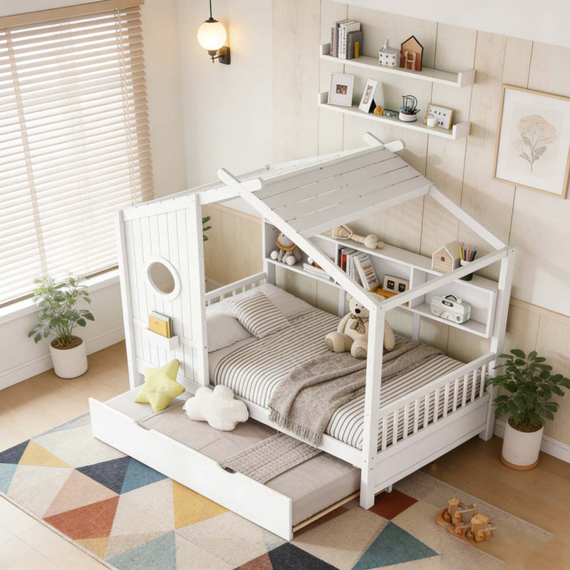Lit en bois avec couchette, Blanc, Lit double