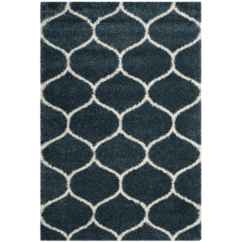 Tapis à poils longs Darrold Hudson, Rectangle 6 pi x 9 pi, Bleu / Ivoire