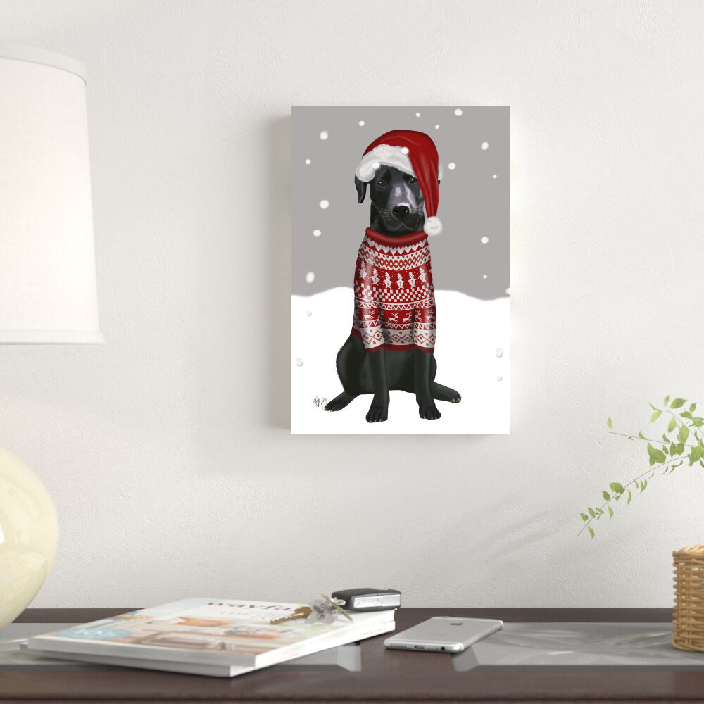 Black Labrador, Christmas Sweater 1 by Fab Funky - Wrapped Canvas Print Trinx 
