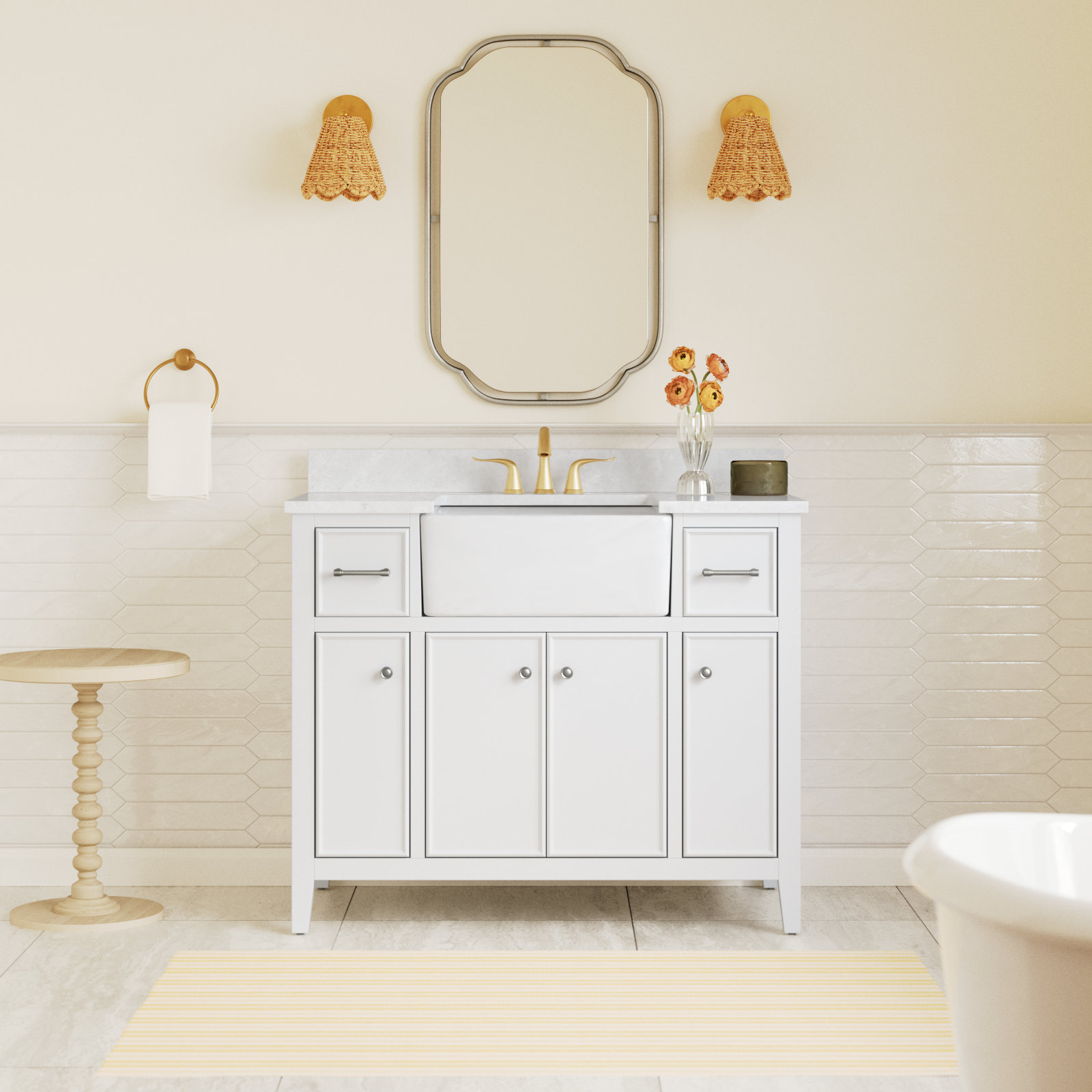 Aisa 42" Pine Single Bathroom Vanity, White/Brushed Nickel