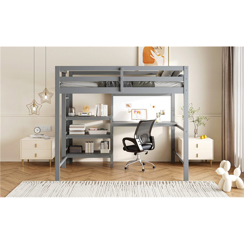 Lit mezzanine simple en bois avec tablettes, bureau et tableau d'écriture, Gris