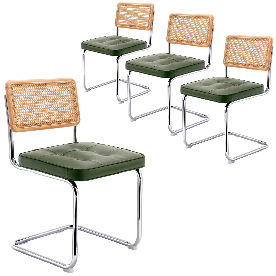 Aveon 19.1'' H Mid Century Modern Tufted Leather Cantilever Dining Chair with Chrome Frame and Cane Rattan Back (Set of 4) Corrigan Studio® Upholstery 