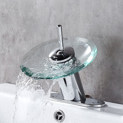 Waterfall Bathroom Sink Faucet Unique Brass Modern Circle Glass Waterfall Faucet For Basin Vanity Single Hole Pedestal Sink Faucets One Handle Corner Sink Bathroom Faucet, Polished Chrome