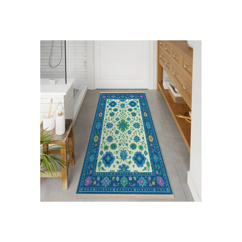 Tapis vert tissé à motif floral lavable Mosso, 6 pi 7 po x 9 pi 10 po