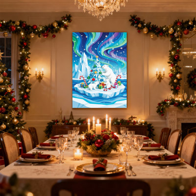 Christmas Polar Bears Christmas Tree Aurora Ice Set of 3 Canvas Wall Art Prints