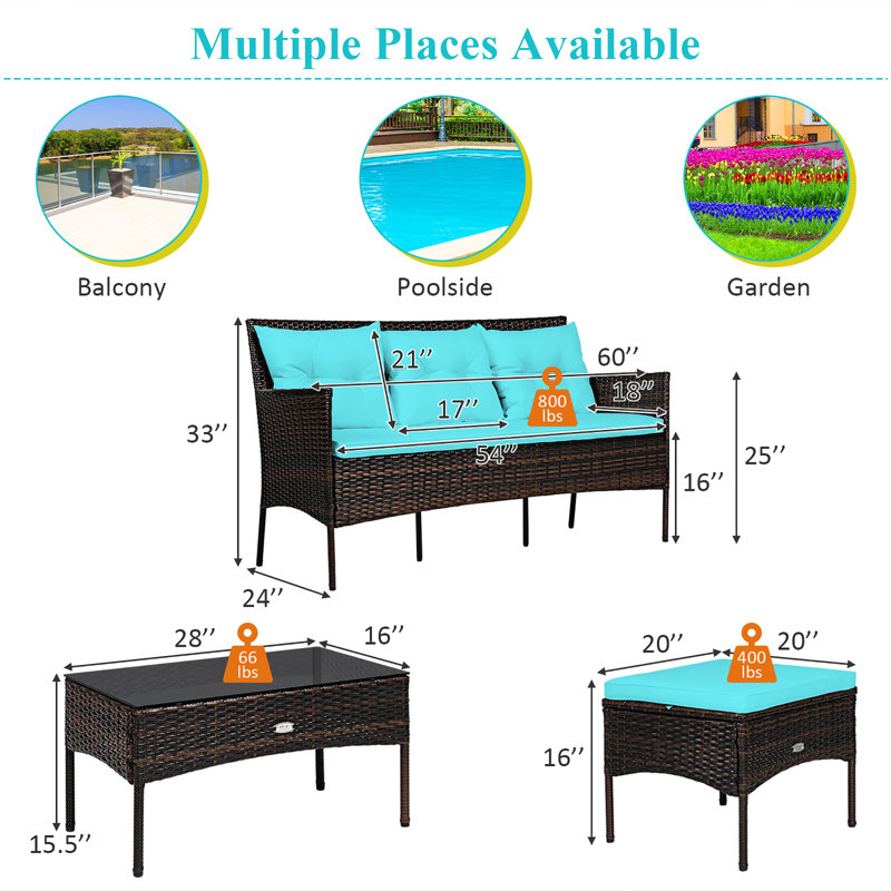 Ensemble de conversation pour 4 personnes avec coussins, Turquoise