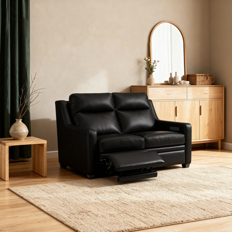 Harpster Leather Power Reclining Loveseat with Zero Wall and Concealed Footrests, Black