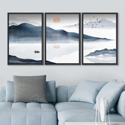 «Abstract Landscape Mountain Range Boat Ocean», peinture sur toile flottante 3 pièces