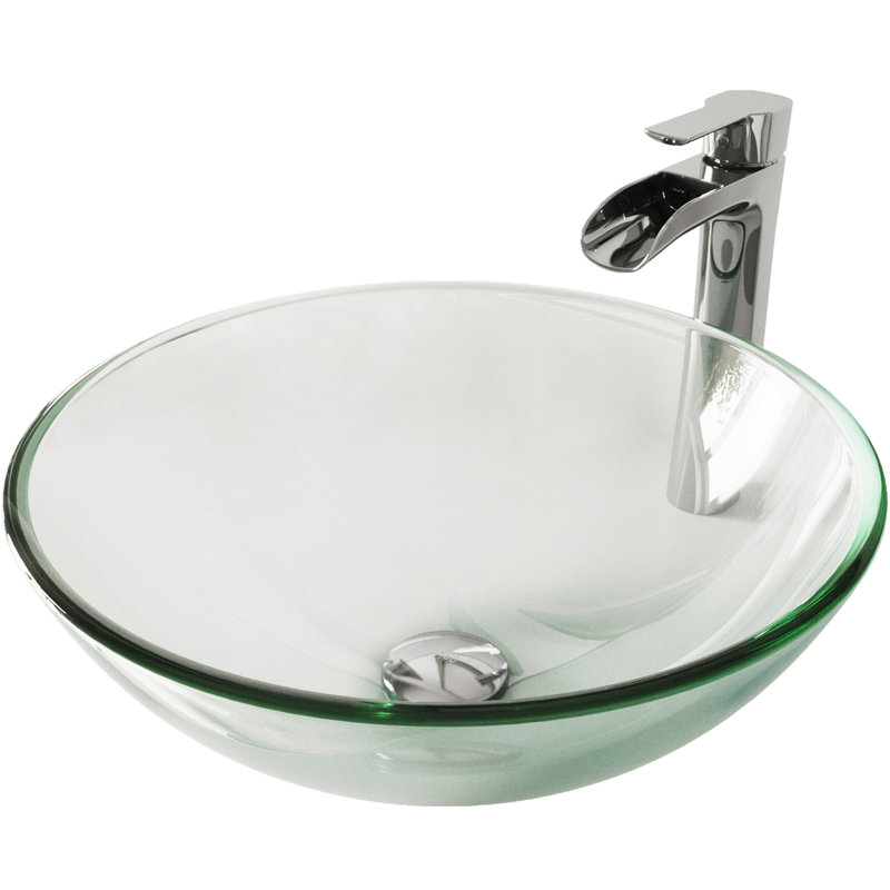Giovanni Titanium 17" L x 17" W x 6" H Round Glass Vessel Bathroom Sink with 11" H Faucet, Chrome, Iridescent