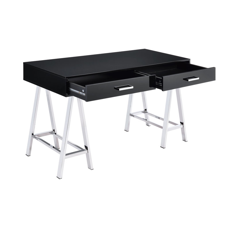 Bureau noir brillant avec prise et deux compartiments de rangement, 31.8" H x 53.41" W x 22.52" D