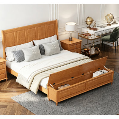 King Bed Frame with Tall Headboard and Storage Bench, Solid Wood Sleigh Bed with 79" Storage Chest, No Box Spring Needed, Natural
