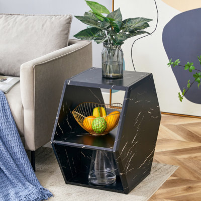 Hexagonal MDF Coffee Table, Characteristic Pattern Stickers, Multi-Hole Design To Give More Storage Space