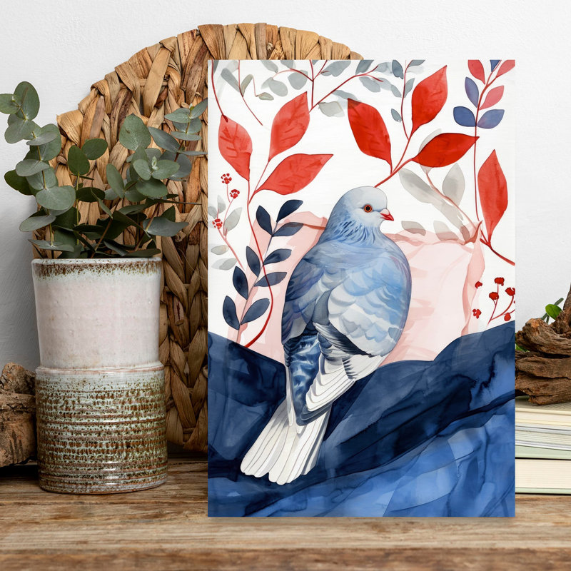 Blue Dove Red Leaves Peaceful Serene Abstract Bird Autumn Nature Wall Art Print 1 Piece Wrapped Canvas Wall Art