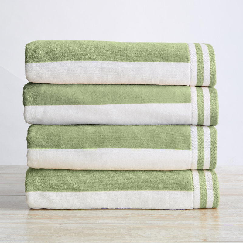 Great Bay Home 4 Piece 100% Cotton Beach Towel Set, Eucalyptus Green / White