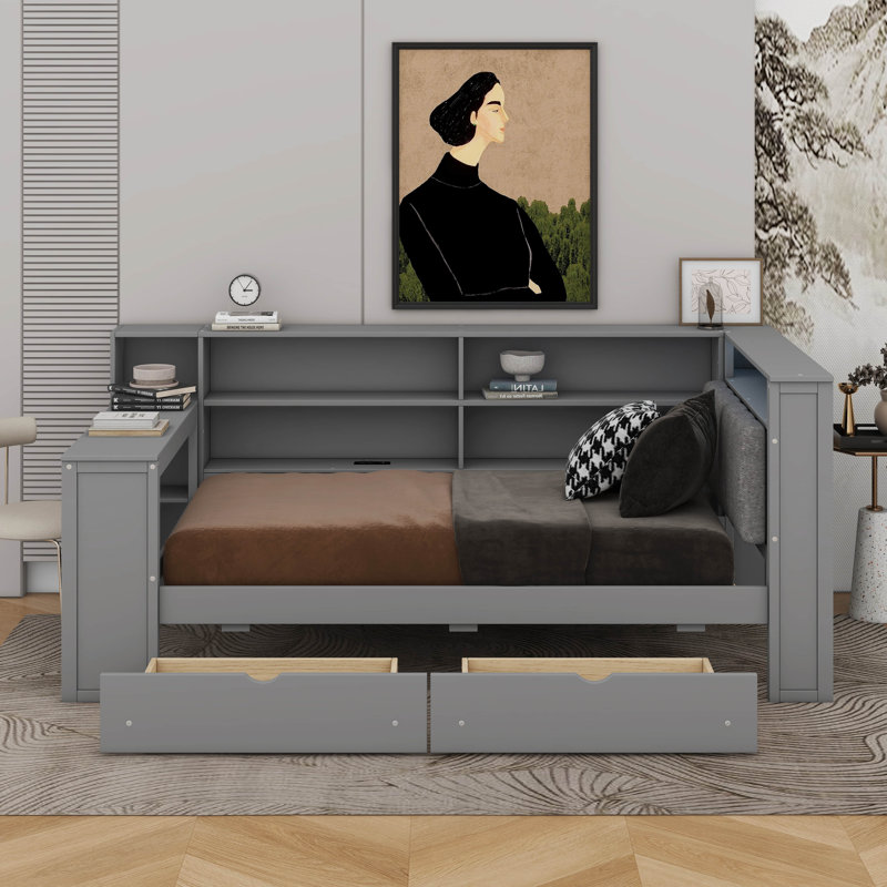 Lit plateforme avec tablettes de rangement, tiroirs, station de charge, DEL, bureau et tête de lit tapissier, Gris