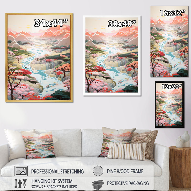 Kawaii Lakes Rivers, Pastel Dreams Landscape, impression sur toile, H 40 po x l 30 po x P 1,5 po, Cadre flottant doré