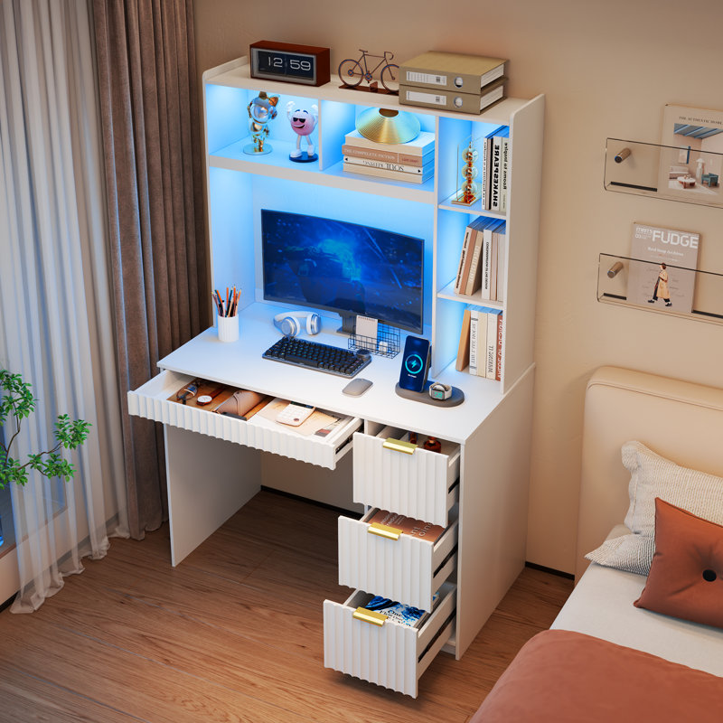 Bureau d'ordinateur à 4 tiroirs avec tablettes et éclairage à DEL, bureau à domicile avec station de charge, Blanc