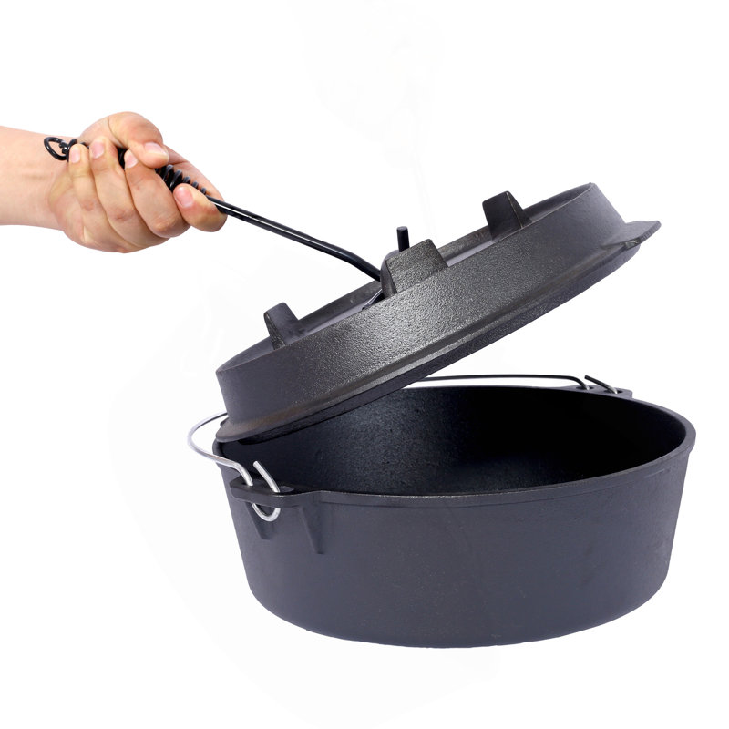 Four hollandais en fonte pré-assaisonné avec couvercle de poêle, marmite de camping extérieure pour foyer de camping, barbecue, feu de camp, avec support de marmite en fer, 4,5 pintes
