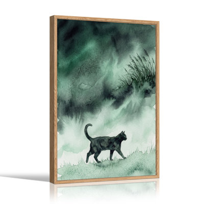 Chat noir marchant dans une toile murale d'Halloween de style aquarelle verte