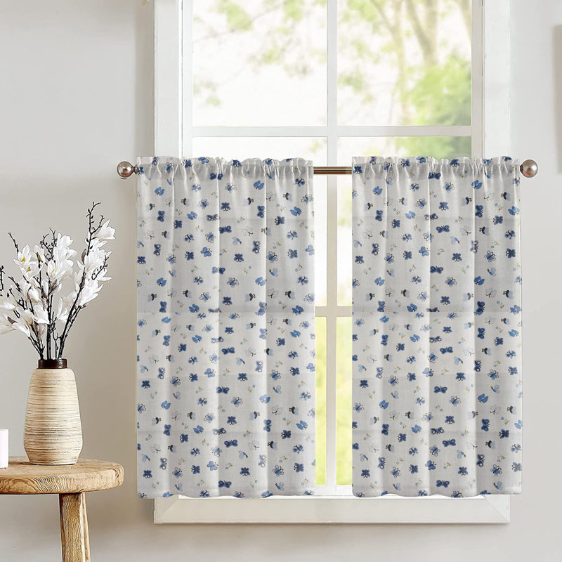 Cotton Blend Floral Tailored Cafe Curtain, Blue