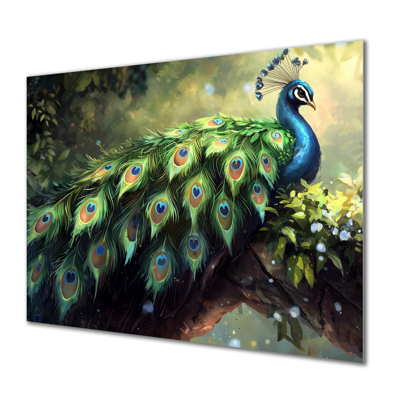 Royal Peacock Feather Show I - Art mural en métal paon pour le salon, H 12 po x l 20 po