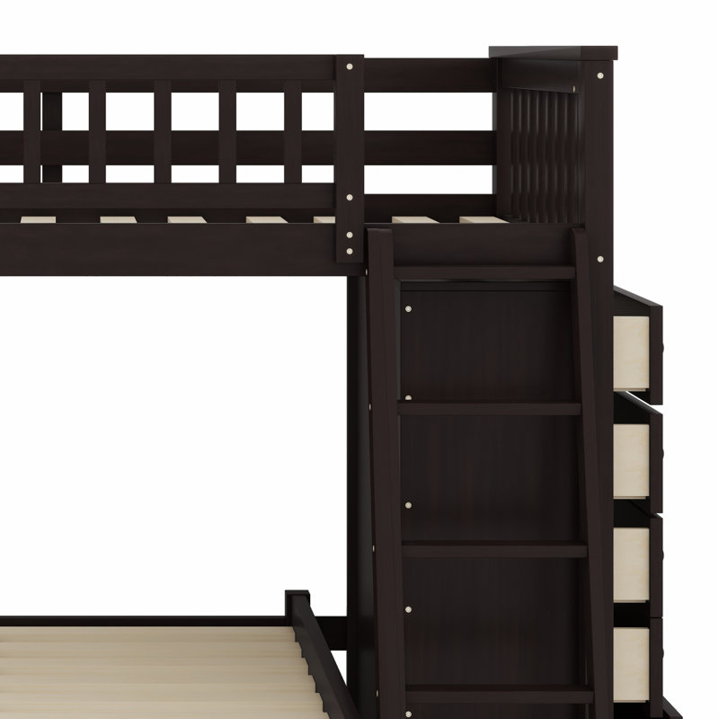 Lit superposé en bois avec 6 tiroirs, tablettes flexibles et lit à roulettes, Espresso