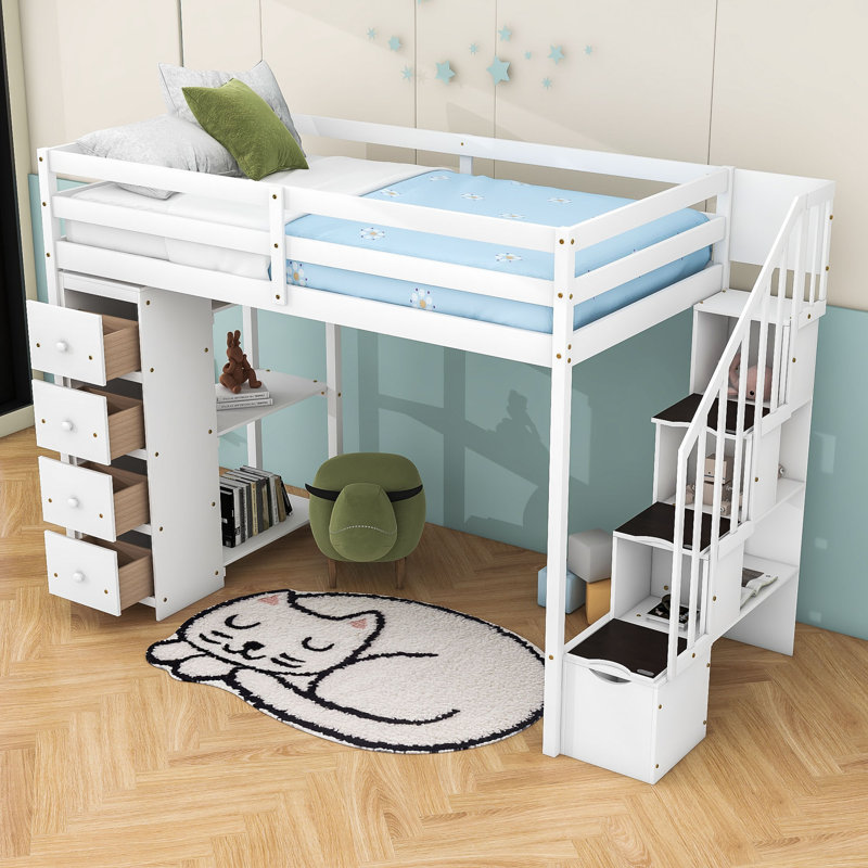 Gerta Twin 7-Drawer Loft Bed with Stair and Bookcase by Harriet Bee, White