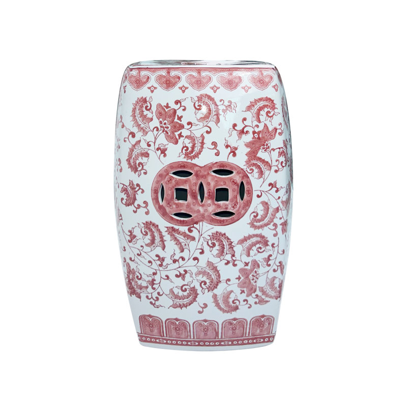 Floral patterned square ceramic stool, Pink