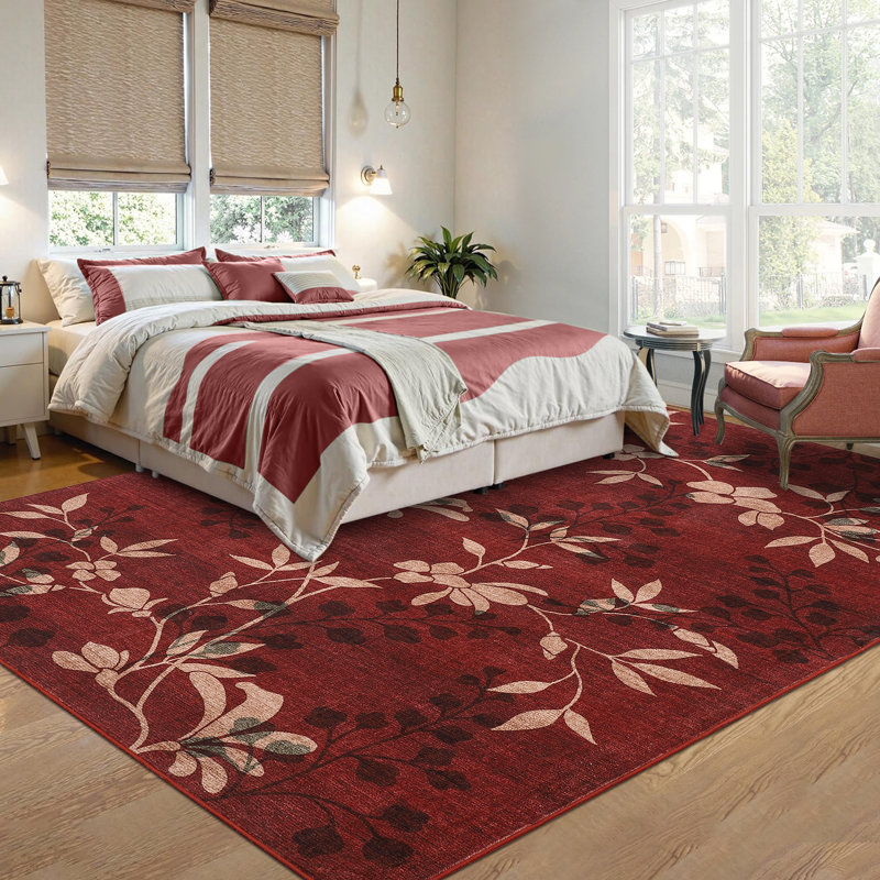  Area Rugs for Living Room 9x12 Non-Slip Red Boho Rug Floral Carpet Modern Machine Washable Carpet for Office Nursery Dining Room Farmhouse Decor