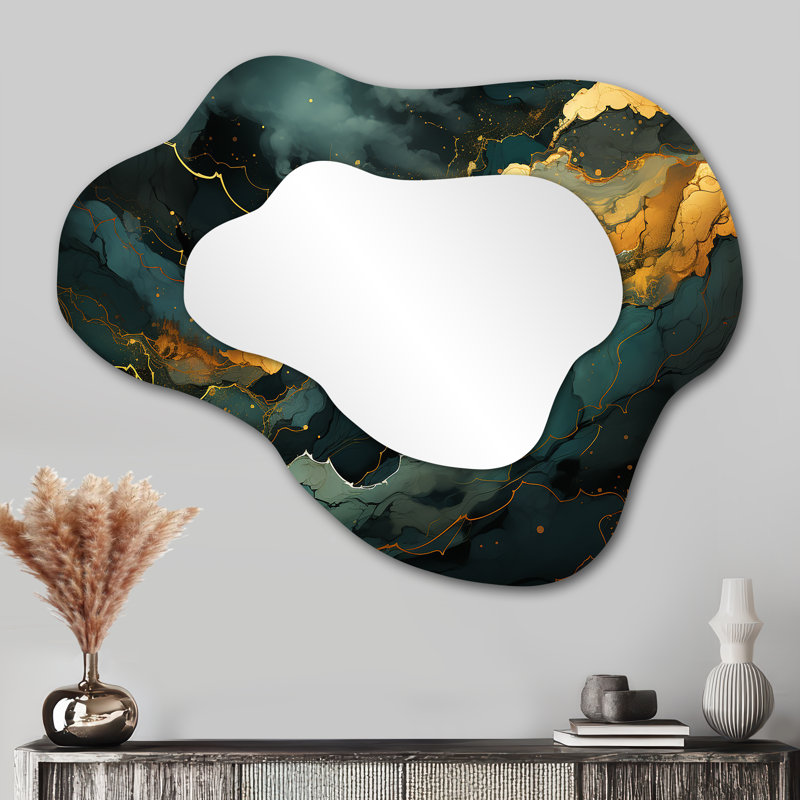 Veigar Gold and Green Abstract marble Aura III - Marble Cloud Mirror, Gold Asymmetrical Unique Wall Mirror, Printed Metal Art