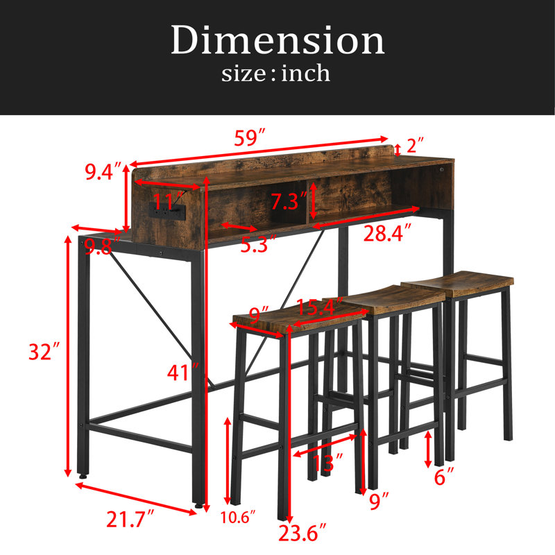 Ensemble de table de bar 59 pouces, table de salle à manger, table de canapé avec prise de courant et lumière DEL, 3 tabourets de selle, table de bar 4 pièces et chaises pour le salon, la salle à manger et la cuisine