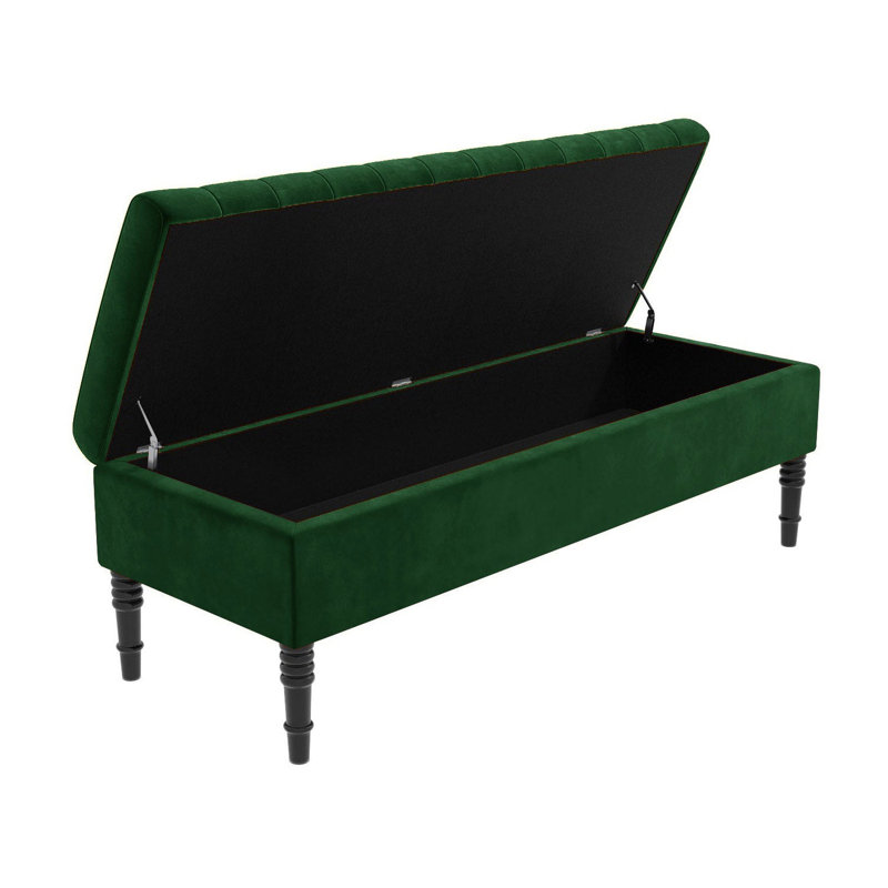 Safar Striped Ottoman Storage Bench – Upholstery Plush Velvet Shoe Bench with Black Turned Wooden Legs, Forest Green