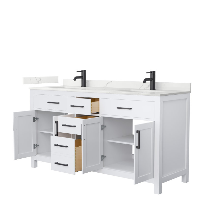 Beckett 66" Freestanding Double Bathroom Vanity with Quartz Top, White, Giotto Quartz, Matte Black