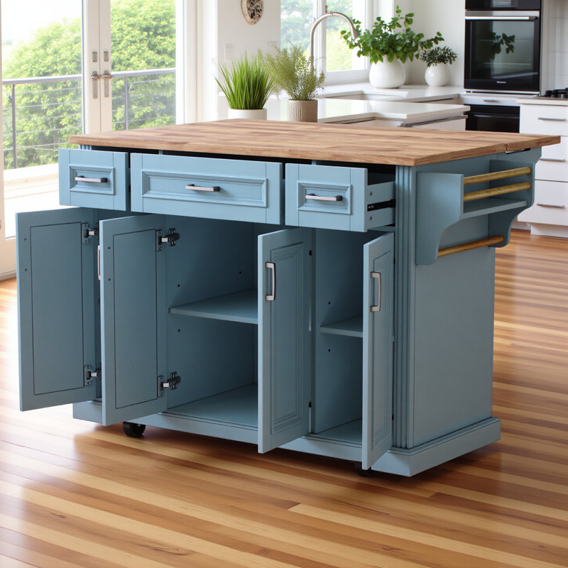 54inch Large Kitchen Island With Rubber Wood Drop Leaf, Embossed Texture Rolling Kitchen Cart On 4 Wheels With 4 Doors And 3 Drawers, Kitchen Island With Storage For Kitchen, Dining Room,grey Blue