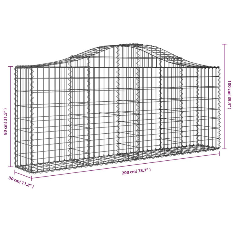 Arched Gabion Basket Galvanised Iron, 100cm H x 200cm W x 30cm D