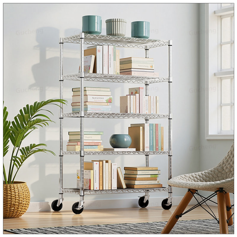 Étagère de rangement en acier robuste à 6 niveaux avec tablettes et roulettes réglables, parfaite pour la maison et le bureau