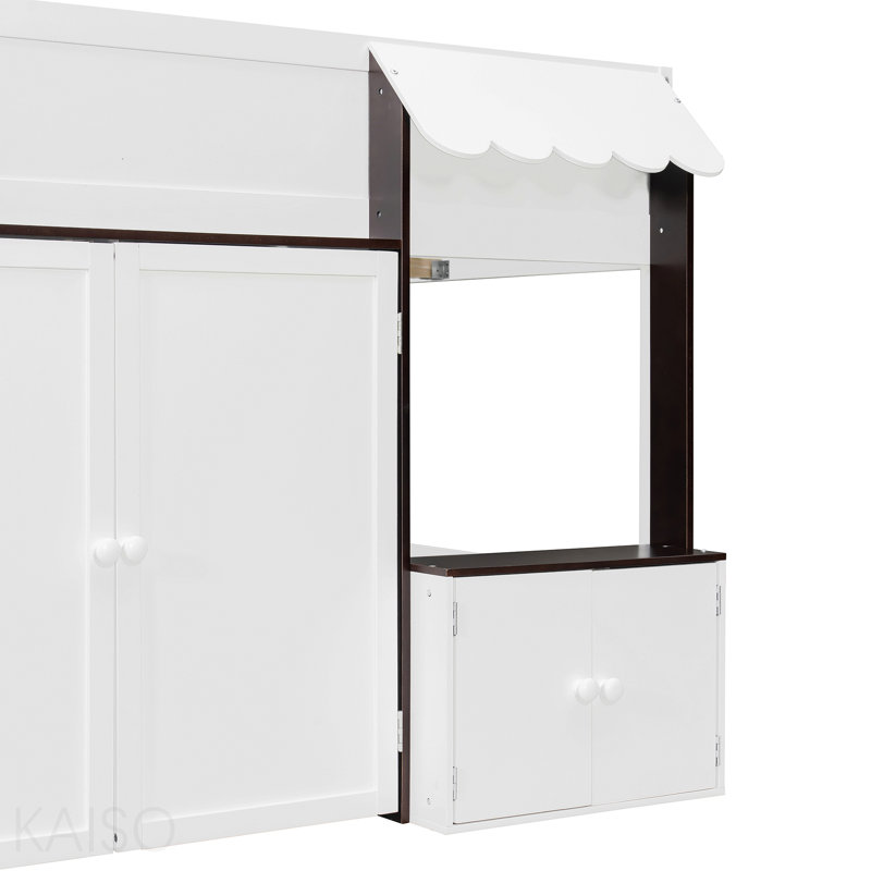 Lit mezzanine double avec maisonnette et rangement, lit en bois moderne pour enfants / adolescents, blanc et espresso