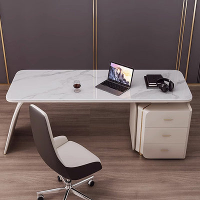 White Rectangular Sintered Stone Executive desk with drawers desk