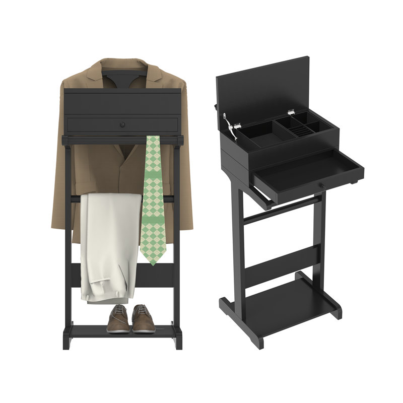 Portant à vêtements avec tablettes de rangement, porte-valet en bois pour hommes femmes
