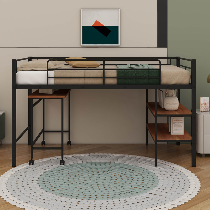 Élégant lit mezzanine simple en métal avec bureau pratique et étagères, Noir