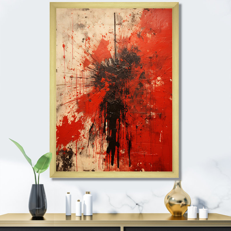 Collages abstraits rouges médiévaux - Art mural abstrait, Cadre doré simple, H 32 po x l 16 po x P 1 po