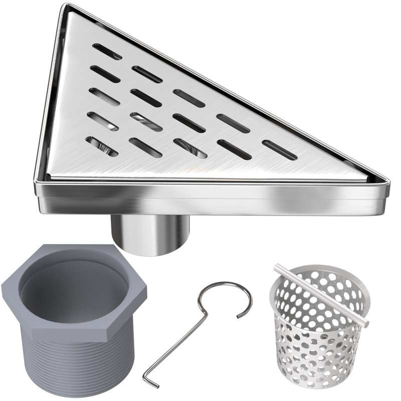 11” GRID CORNER SHOWER DRAIN with Hair Strainer & Lifting Hook – Modern Stainless Steel Drain for Bathroom Showers, White