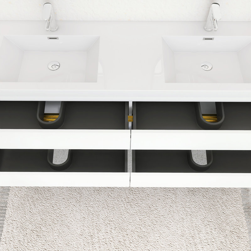 Ensemble de meuble-lavabo mural 72 po avec double lavabo double intégré en résine, Blanc lustré, 72"