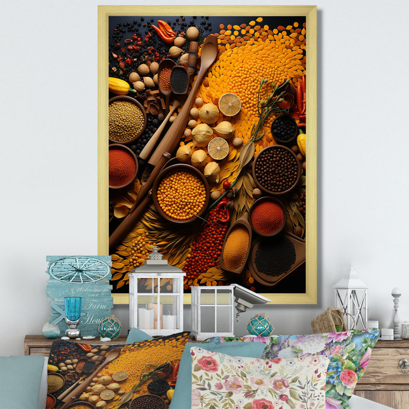 Oriental Spices Food V - Épices, art mural, H 20 po x l 12 po x P 1 po, Cadre doré simple