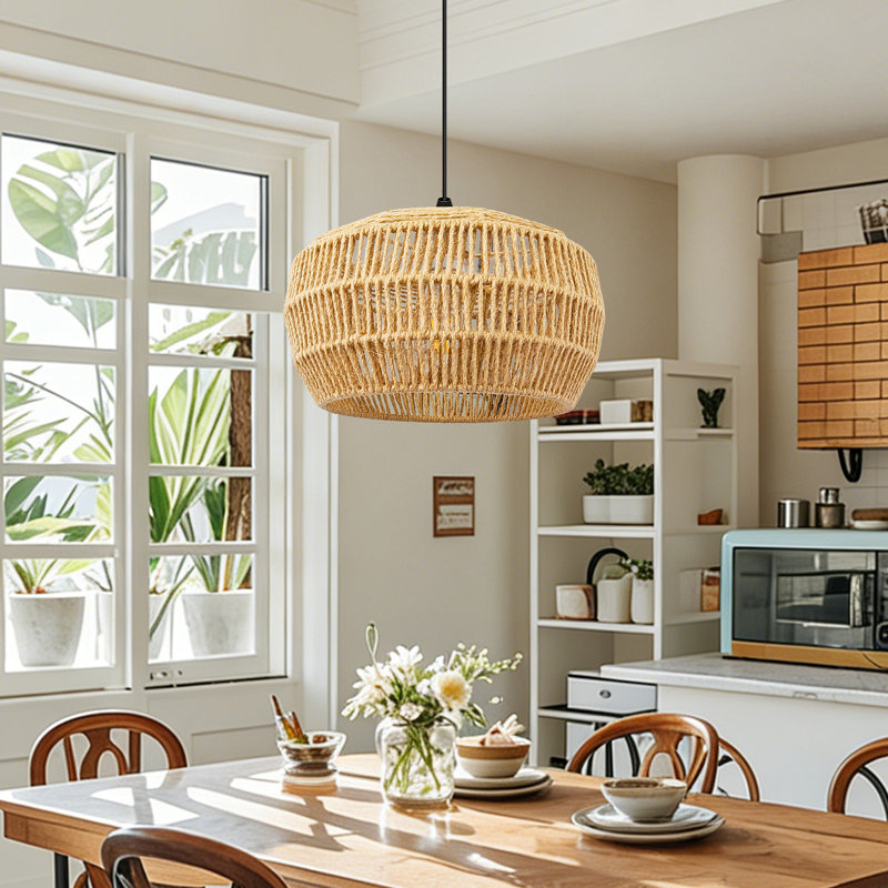 Hand-woven Rattan Pendant Light, Adjustable Height Boho Ceiling Light Fixture For Kitchen Island, Living Room, Bedroom