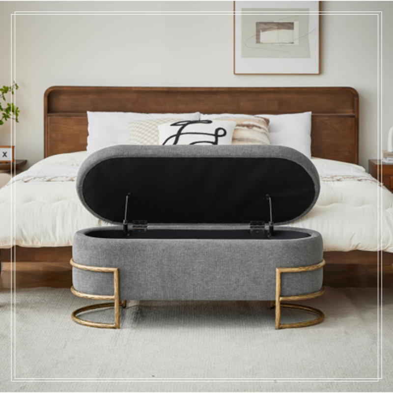 Banc de rangement ovale capitonné à couvercle rabattable avec pattes en métal, Grey