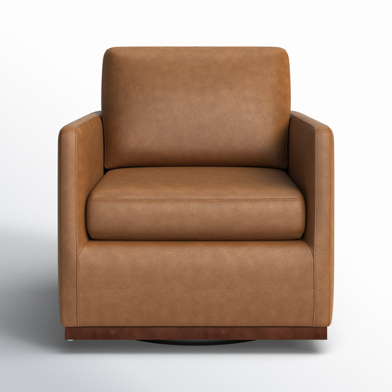 Assiatou Wide Swivel Arm Chair, Saddle Brown Pebbled Genuine Leather